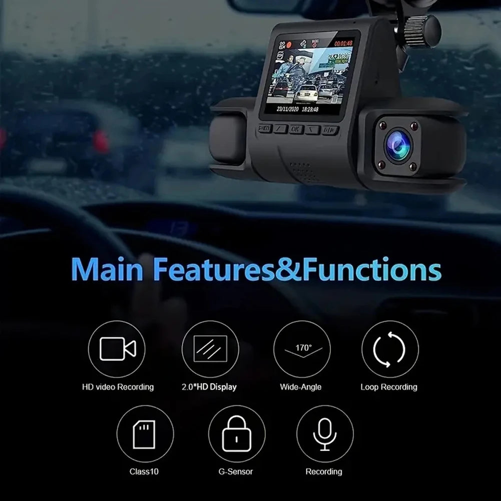 Gravador De Vídeo Cam Traço Do Carro, 3 Lentes Da Câmera, DVR HD 1080P, Visão Noturna IR, 3 Canais, Gravação Em Loop, Monitor De Estacionamento 24H