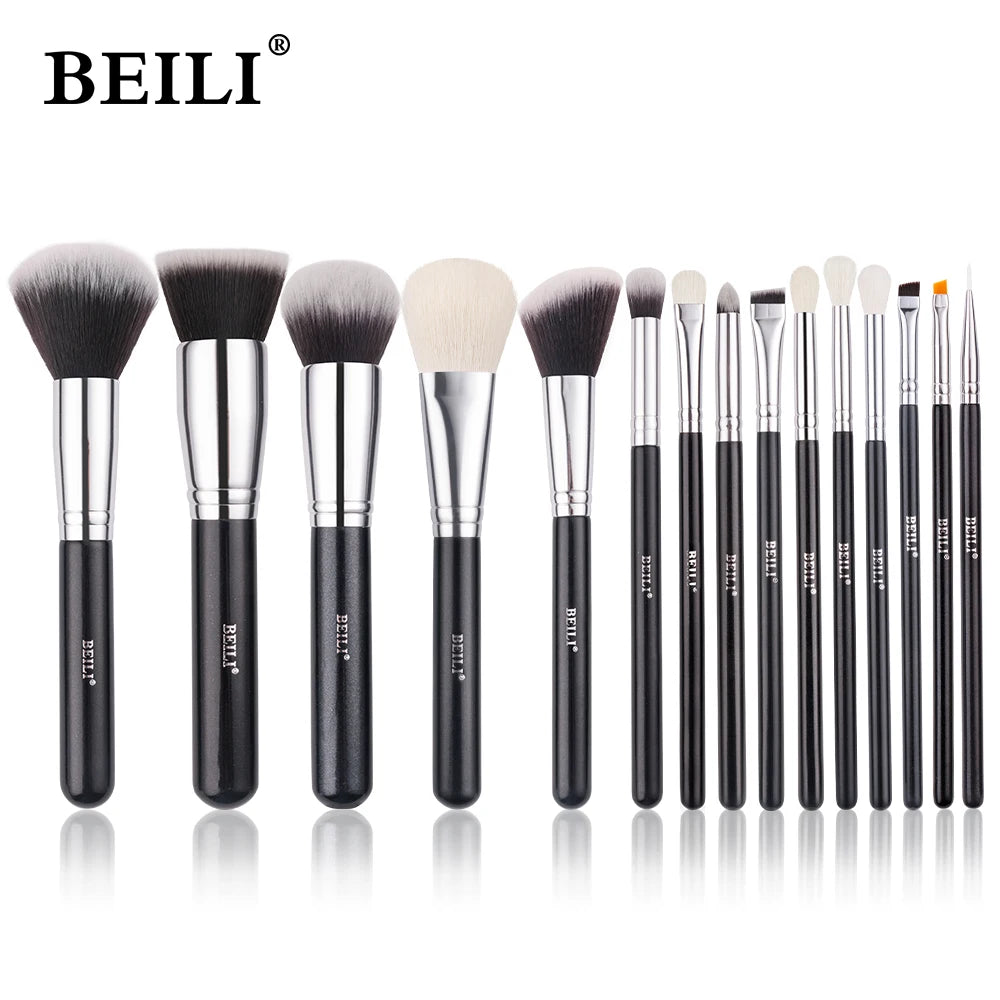 Conjunto Profissional de Pincéis de Maquiagem BEILI em Preto: Cerdas Naturais de Cabra para Base, Pó, Contorno e Sombra de Olhos