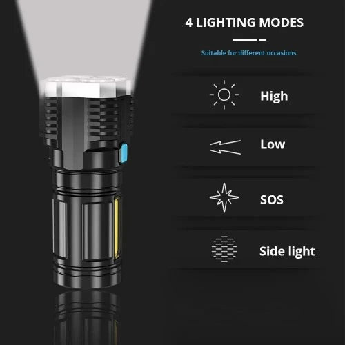 Lanternas LED de alta potência Tocha de acampamento 4 grânulos de lâmpada Luz lateral COB Lanterna de mão portátil recarregável 4 modo de iluminação