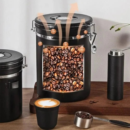 Recipiente de vedação, acessório para casa com válvula de escape para decoração de cozinha para armazenamento de folhas de chá de frutas secas para amantes de chá para cozinha doméstica (colher de aço preta)