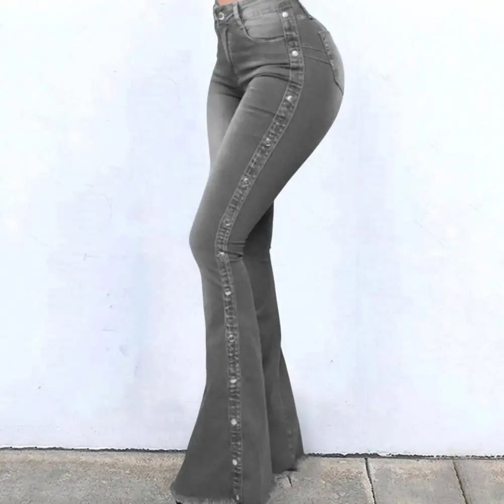 Elegante jeans flare para mulheres, controle de barriga, skin-touch, skinny flare jeans, calças jeans de perna larga