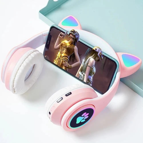 Fone de ouvido sem fio orelhas de gato fones de ouvido com microfone azul-dente brilho luz pc telefone gaming headset crianças presentes da menina do gamer