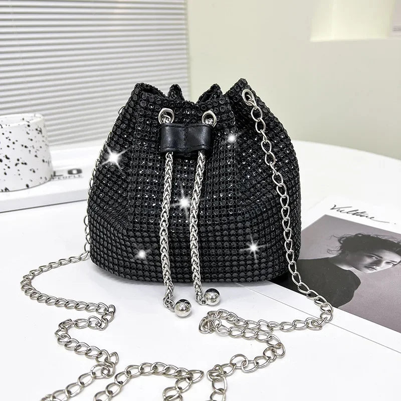 Bolsas de Ombro, Pequena Bolsa Crossbody, Bolsas Femininas de Diamantes Rhinestone Bucket Bags para mulheres, Cadeia Pérola, Brilhante, Moda Retro
