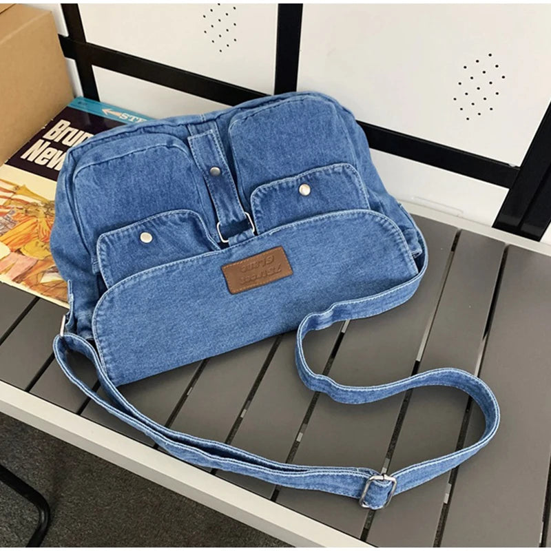 Bolsa mensageiro de bolso duplo para mulheres, bolsa de lona jeans vintage, bolsa de ombro japonesa, grande capacidade, versátil casual