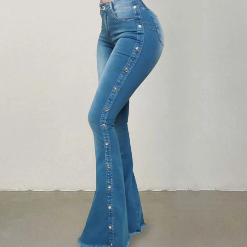 Elegante jeans flare para mulheres, controle de barriga, skin-touch, skinny flare jeans, calças jeans de perna larga