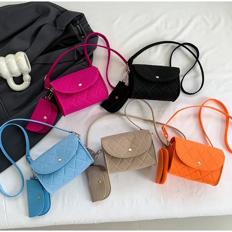 Mini bolsa transversal de feltro para mulheres, bolsa losango luxuosa com bolsa extra, bolsa de ombro high-end, fivela de cor sólida, bolsa para telefone, moda