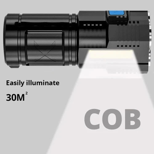 Lanternas LED de alta potência Tocha de acampamento 4 grânulos de lâmpada Luz lateral COB Lanterna de mão portátil recarregável 4 modo de iluminação