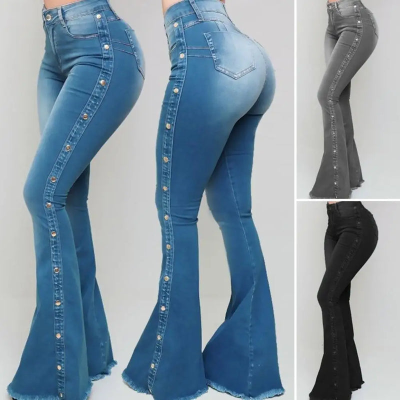 Elegante jeans flare para mulheres, controle de barriga, skin-touch, skinny flare jeans, calças jeans de perna larga