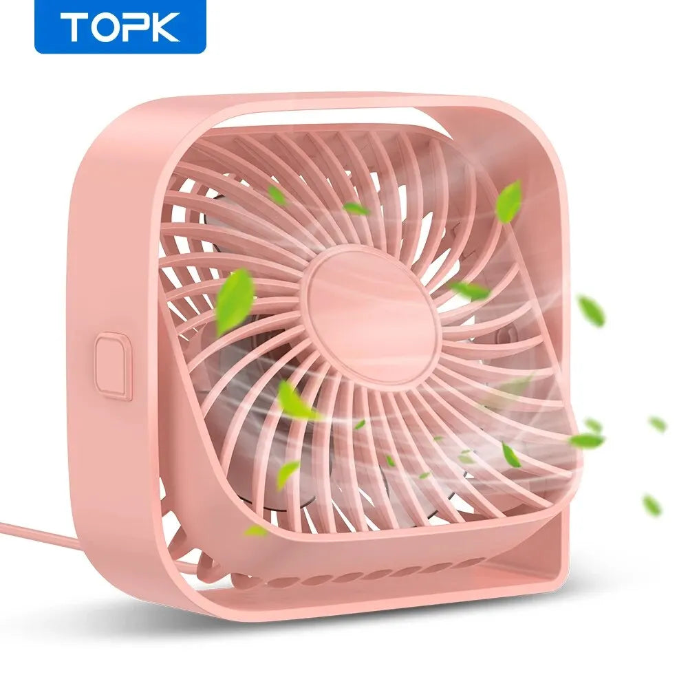 Topk-Mini Portátil USB Desk Fan, Mesa, Silencioso 3 Velocidade Vento Fan pessoal, 360 ° Cabeça Rotativa, Fãs de pé para o quarto, Camping, Hom