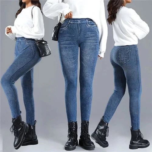 Calça jeans feminina fina de lã, elástica, cintura alta