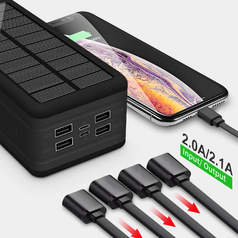 Banco de energia solar do telefone móvel, carregamento sem fio, grande capacidade, bateria externa, carregamento rápido para viagens e camping, 100000mAh