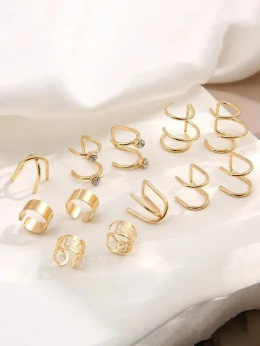 Conjunto de punho de ouvido não perfurante cristal para mulheres, brincos vintage, cor dourada e prata, brincos ocos, joias da moda, atacado, 12 peças