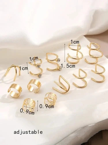 Conjunto de punho de ouvido não perfurante cristal para mulheres, brincos vintage, cor dourada e prata, brincos ocos, joias da moda, atacado, 12 peças