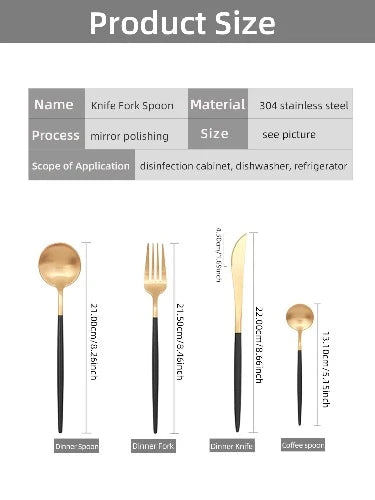 Conjunto de Talheres de Aço Inoxidável: 24 Peças em Preto e Dourado, Facas, Garfos e Colheres para Servir com Estilo Ocidental