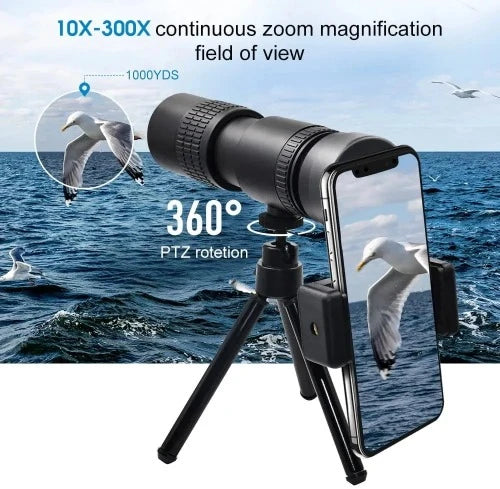 Telescópio monocular poderoso com tripé, 300X30 HD, zoom de longo alcance, grampo do telefone, caça ao ar livre, camping, turismo