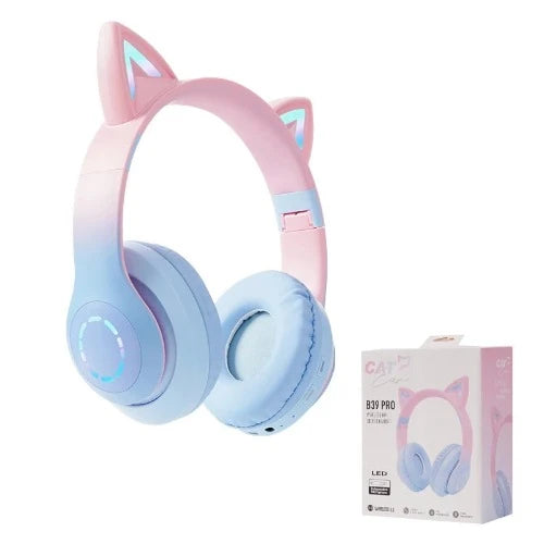 Fone de ouvido sem fio orelhas de gato fones de ouvido com microfone azul-dente brilho luz pc telefone gaming headset crianças presentes da menina do gamer