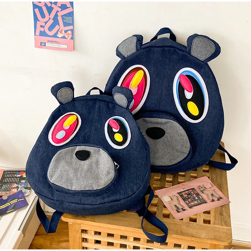 Mochila Urso de Grande Capacidade para Estudante Feminina, Sacos De Costura Bonitos Dos Desenhos Animados, Saco De Viagem Azul Jeans, Versão Coreana, Cara Grande