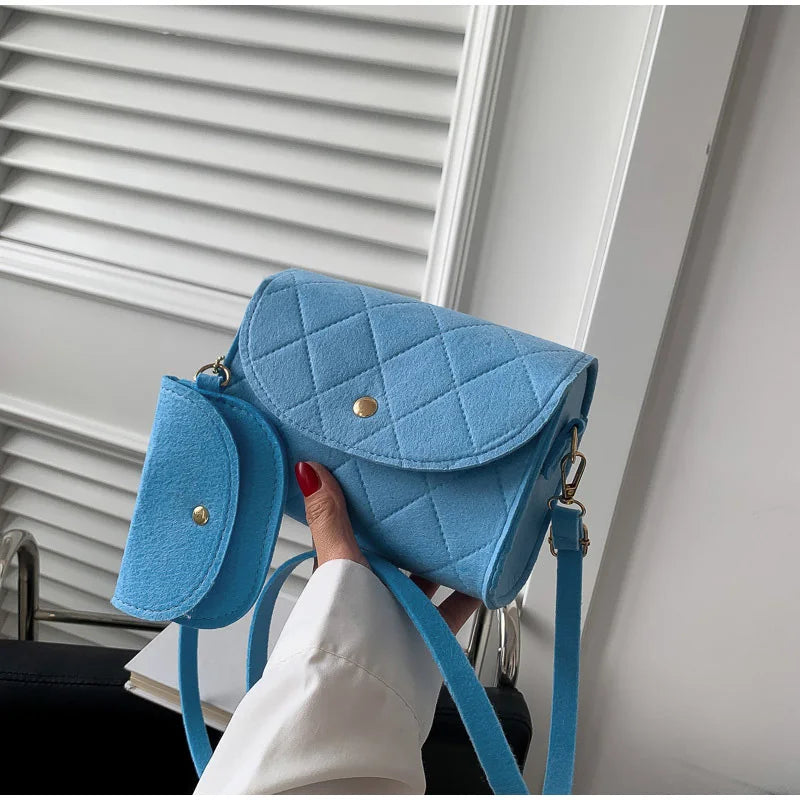 Mini bolsa transversal de feltro para mulheres, bolsa losango luxuosa com bolsa extra, bolsa de ombro high-end, fivela de cor sólida, bolsa para telefone, moda